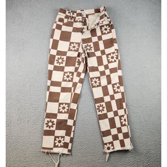 Pacsun Jeans Womens 25 High Rise Straight Leg Eco Flower Plaid Button Fly Frayed - Picture 3 of 13